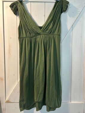 LEON MAX Limited Edition Olive Green Silk Wool Dress Size Small Ruffle Strap